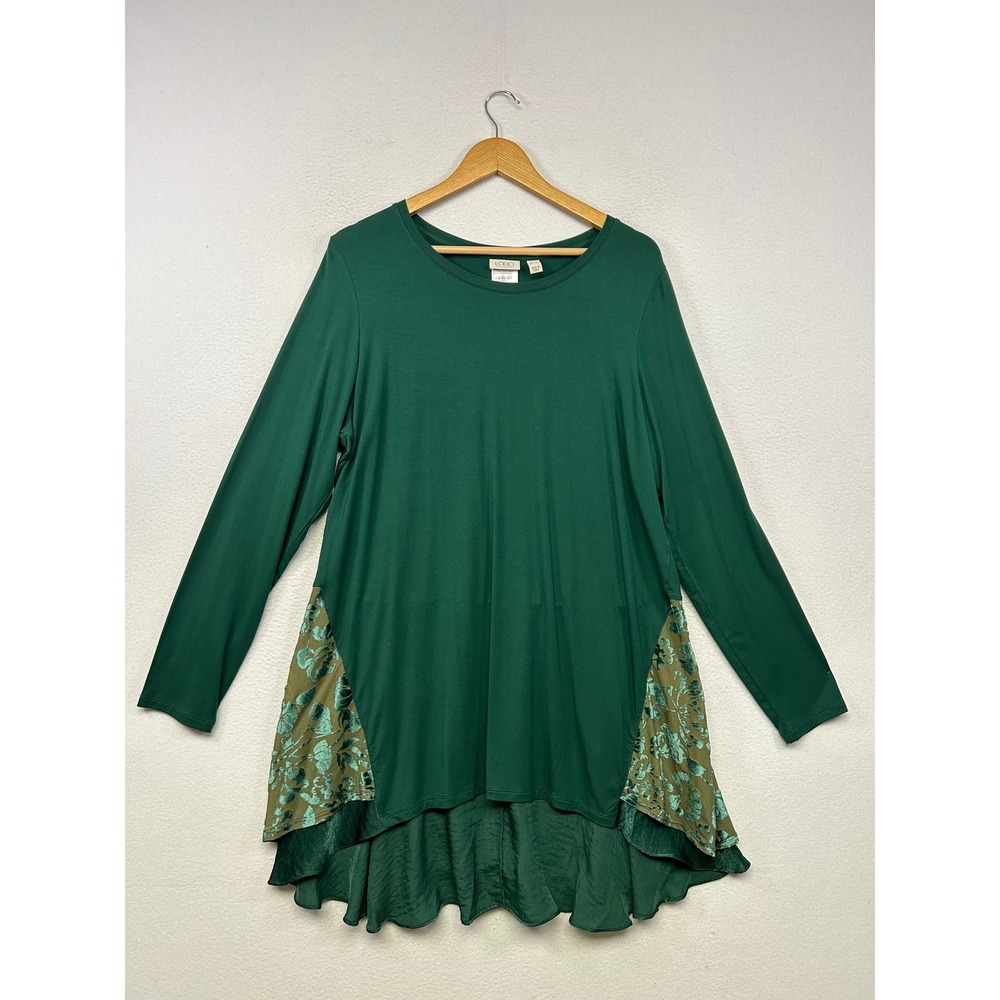 Boho Whimsigoth LOGO by Lori Goldstein Womens XL Green Floral Velvet Tunic Top